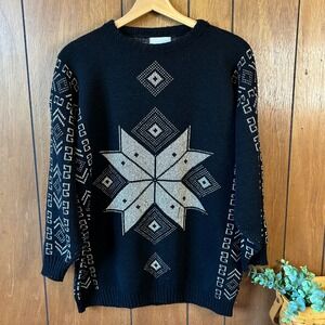 Vingage Ellen D Collection Black Snowflake Winter Christmas Party Sweater Size 8